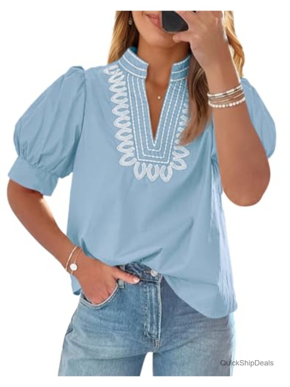 Puff Short Sleeve Embroidered V-Neck Blouse - Women's Dressy Boutique Top